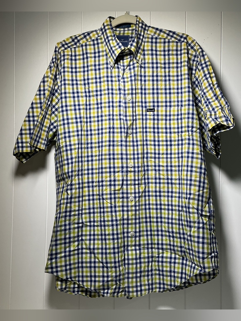 Faconnable Men’s Medium Shirt Short Sleeve Cotton Yellow, Blue, White Checked